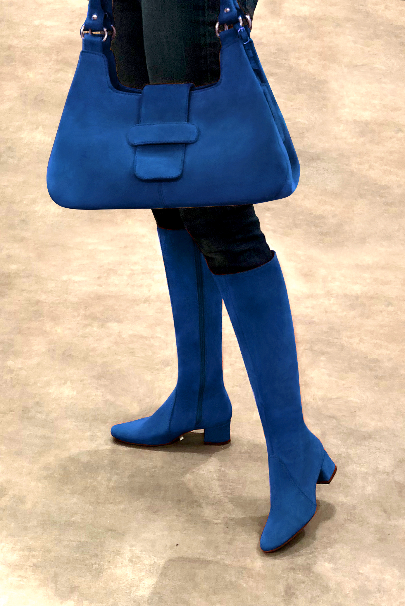 Electric blue women's feminine knee-high boots. Round toe. Low flare heels. Made to measure. Worn view - Florence KOOIJMAN